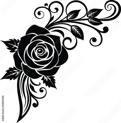 Corner Design With Rose And Ornamental Curl