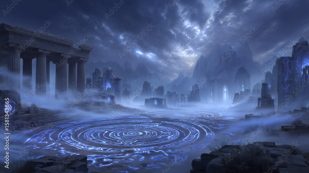 Obraz premium Ancient ruins with glowing glyphs and magical fog lost civilization, hidden temple, adventure fantasy, cryptic symbols, fantasy mystery.