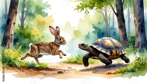Watercolor illustration of a hare and a tortoise on a forest path