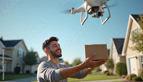 Man Receiving Package from Flying Drone Video Footage Scene Showing AI Automation and Smart Delivery