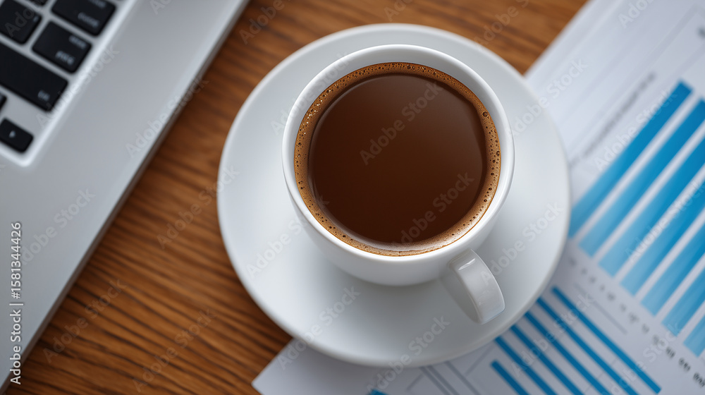 Top view of corporate desk, coffee, laptop, charts, flat lay business theme Top view of corporate desk, coffee, laptop, charts, flat lay business theme