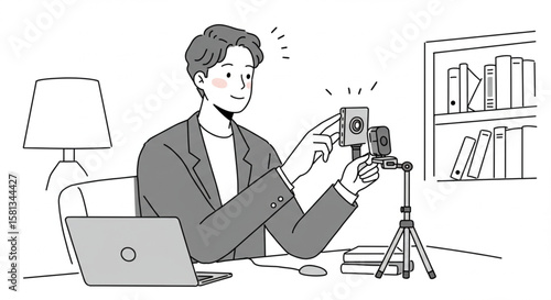 Male vlogger and content creator setting up a digital camera on a tripod for a live stream broadcast from a home office.