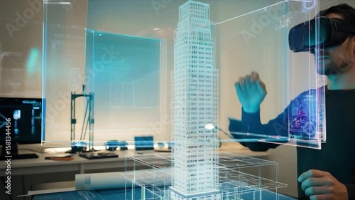 Architect Using VR Headset Video Footage Scene Designing Futuristic Building Hologram with AI Assistance