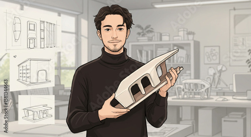 Creative architect presenting a scale model of a futuristic building concept in his modern design studio