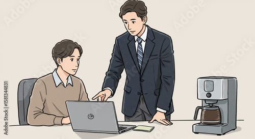 Senior manager mentoring a junior employee in an office, pointing at a laptop screen to provide guidance and training.