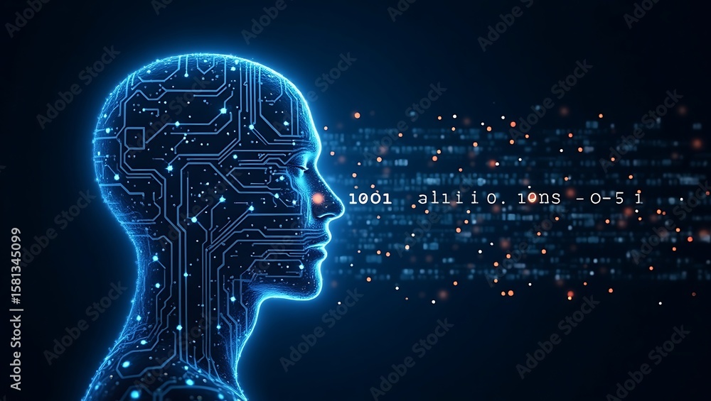 Obraz premium Abstract digital human head with glowing circuits and data streams