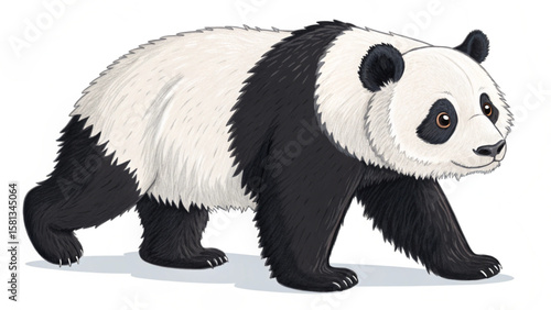Illustration of a panda bear walking with black and white fur and a gentle expression on its face shown clearly