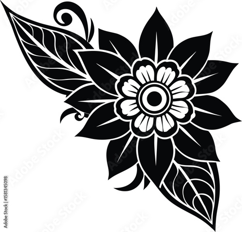 Corner Ornament With Big Flower And Layered Leaves