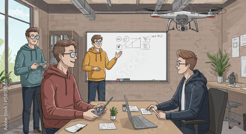A team of young engineers collaborating in a modern office, developing and testing a new quadcopter drone with a presentation on a whiteboard.