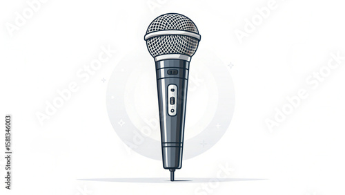 Illustration of a gray microphone with a mesh head and a switch on a white background studio setup