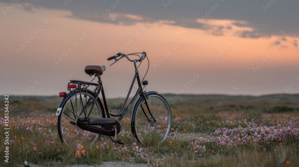 Fototapeta premium picturesque electric bicycle rests in vibrant field during sunset surrounded by wildflowers