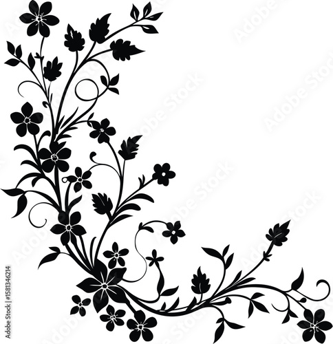 Corner Vine Ornament With Tiny Wildflowers In Silh