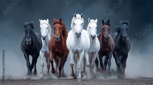 Dynamic shot of seven powerful horses running side by side in dramatic lighting