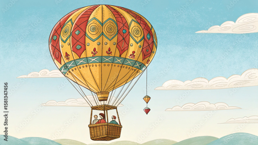 Obraz premium Illustration of a large hot air balloon with passengers floating in a blue sky with clouds above hills