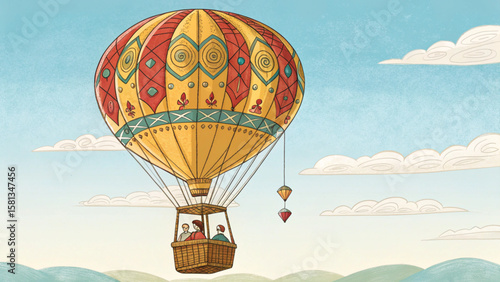 Illustration of a large hot air balloon with passengers floating in a blue sky with clouds above hills