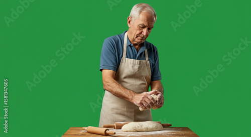 Experienced senior male baker kneading fresh dough on a floured wooden surface, isolated on a green screen for easy keying.