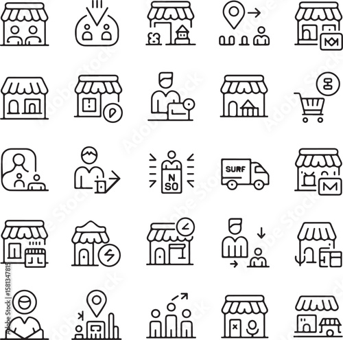 Collection of Black Line Icons Depicting Online Shopping Delivery Location and Customer Service