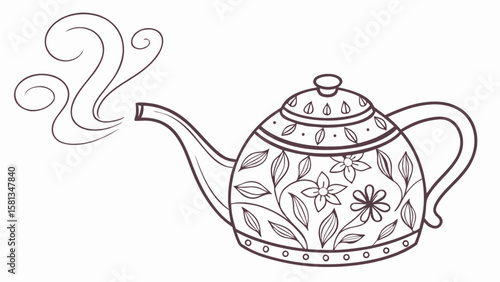 Illustration of an ornate teapot with floral designs and steam rising from the spout in black outline