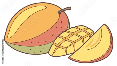 Illustration of a whole mango with stem and two slices one cubed on a white background surface art