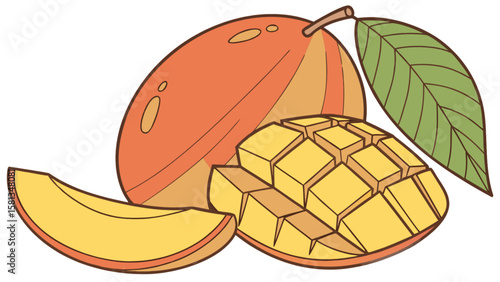 Illustration of a whole mango with a leaf and a sliced mango showing the cubed fruit inside it nicely