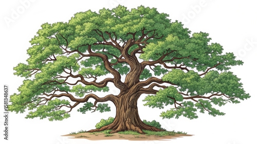 Illustration of a large deciduous tree with a thick trunk and sprawling branches covered in green leaves