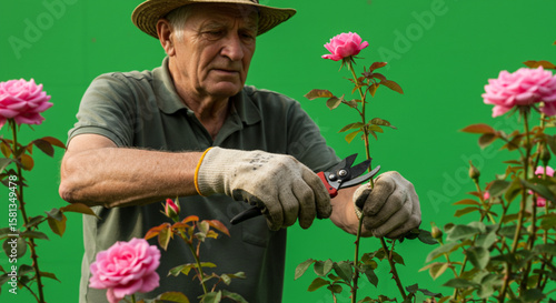 Senior man in a hat gardening and pruning beautiful pink roses with shears against a green screen background.