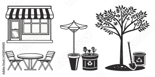 Outdoor cafe scene with store table chairs umbrella potted plants tree shovel and recycling bin silhouette isolated on white background