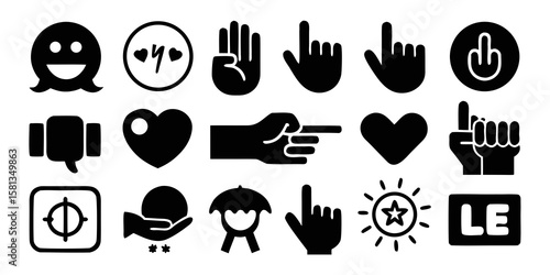 Collection of diverse black silhouette icons including hand gestures hearts and symbols isolated on white background silhouette