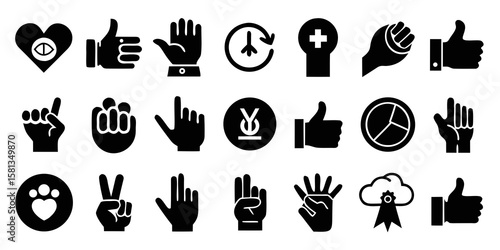 Collection of diverse hand gesture icons and symbols representing various actions and concepts isolated on white background silhouette