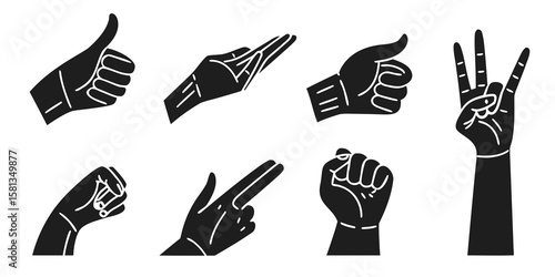 Collection of diverse hand gesture silhouettes including thumbs up and counting fingers isolated on white background silhouette