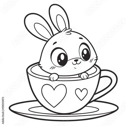 Adorable cartoon bunny peeking out of a teacup decorated with hearts silhouette isolated on white background