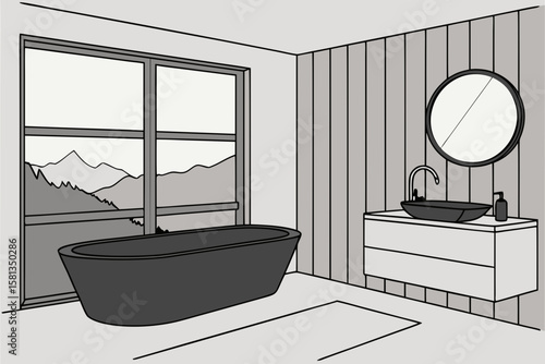 Modern bathroom interior with freestanding bathtub and vanity sink overlooking mountain landscape silhouette isolated on white background