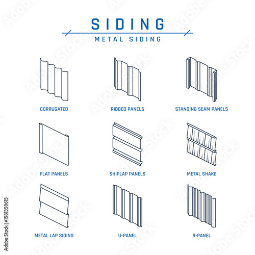 Metal siding icon set including corrugated, ribbed, standing seam, flat, shiplap panels, shakes and modern patterns.. Black vector illustration isolated on a white background in line style.