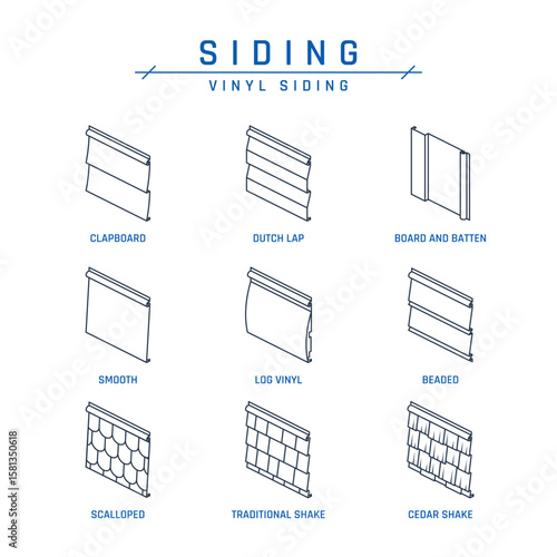 Vinyl siding icon set including clapboard, dutch lap, board and batten, beaded, shake, log, scalloped and modern panels. Black vector illustration isolated on a white background in line style.