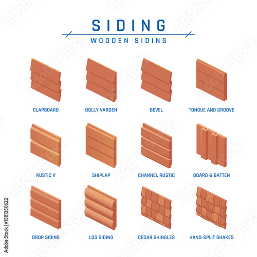 Wooden siding isometric icon set including clapboard, shiplap, shakes, board, batten, rustic textures. Vector illustration isolated on a white background in flat style. Architectural collection.