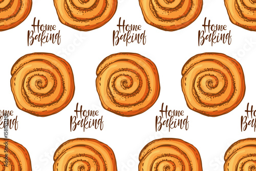 Seamless Cinnamon Roll pattern. Home Baking text. Pastry sweet bakery, top view. Vector sweet nutrition crusty snack. Repeated background for wallpaper, wrapping, packing, textile, scrapbooking