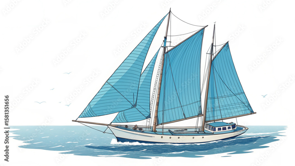 Fototapeta premium Illustration of a large sailing ship with blue sails navigating the ocean under a clear sky with birds flying