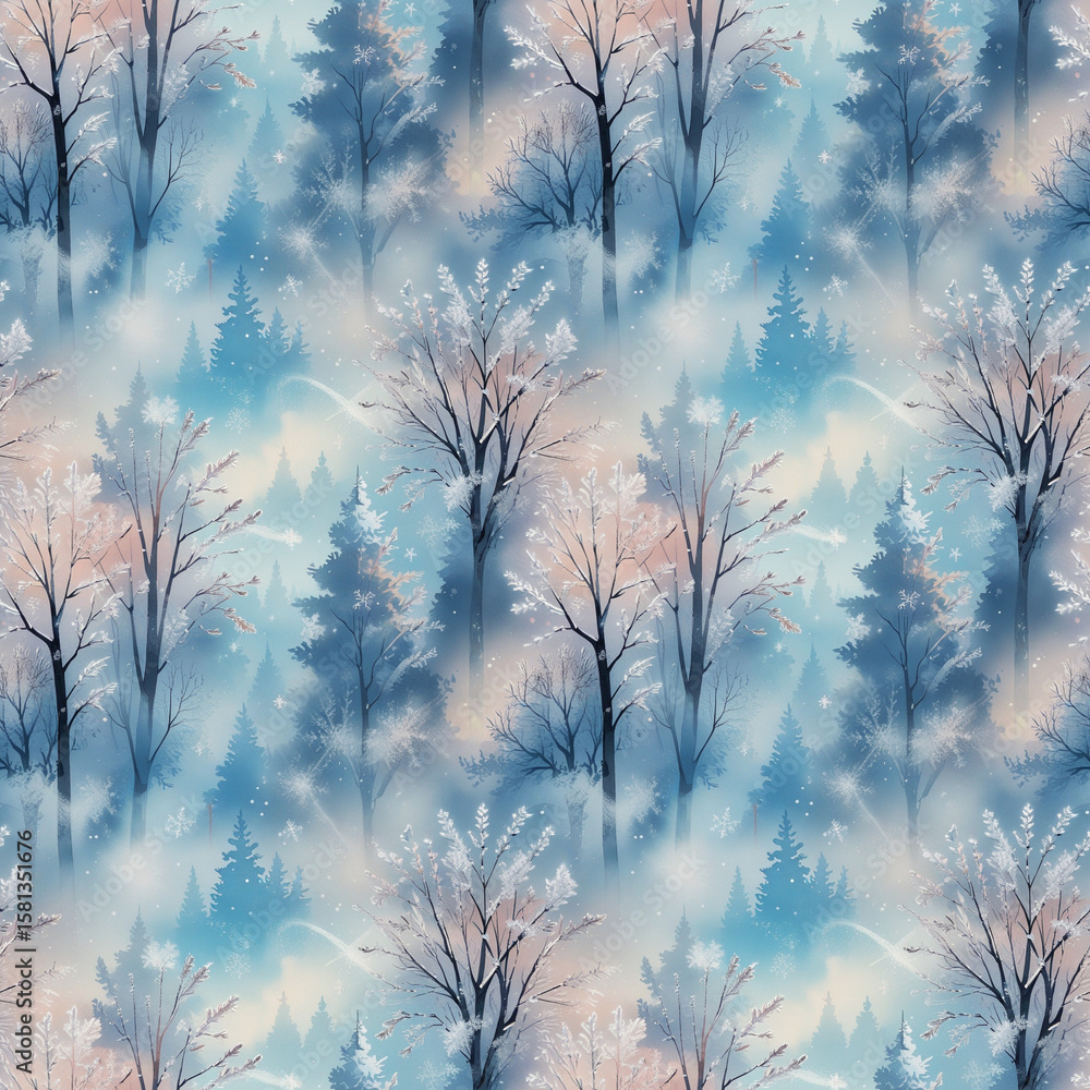 Obraz premium Winter forest landscape seamless pattern with frosty trees in blue hues 