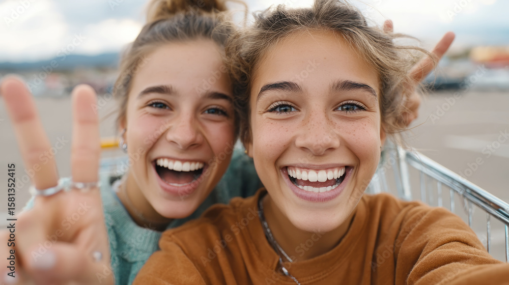 Cheerful young caucasian teenage girls smiling and enjoying outdoors together Cheerful young caucasian teenage girls smiling and enjoying outdoors together