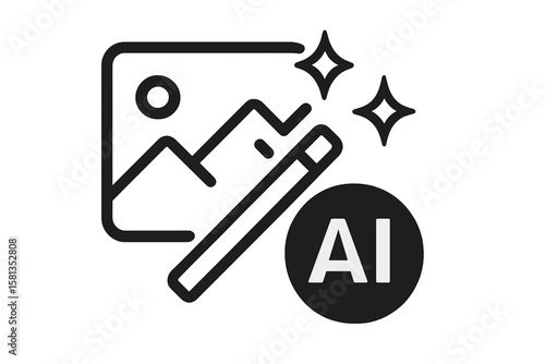 AI image edit icon. Photo enhancement with artificial intelligence. Magic wand symbol for automatic picture retouching, generation and improvement. Vector for app or website UI.