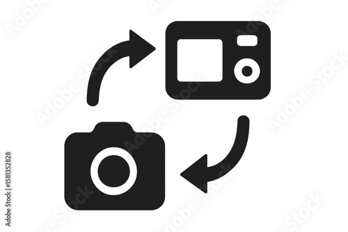 Camera switch icon. Flip camera. Change between front and back camera symbol. Mobile app interface button. UI UX design element. Vector glyph. Rotate cam sign. Selfie cam vector.