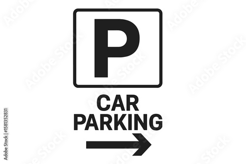 Car parking sign with right direction arrow. Printable vector symbol for public spaces. Traffic road information icon. Vehicle automobile park guide pictogram illustration.