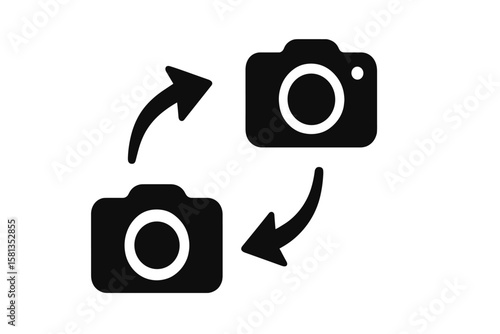 Camera switch icon. Change camera symbol. Flip from front to back camera. Reverse and rotate with circular arrows. Mobile phone app UI UX. Smartphone interface button vector.