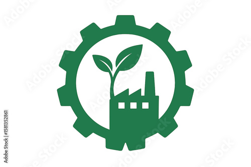 Eco-Friendly Industrial Factory Icon with Gear and Leaf, Green Sustainable Manufacturing Symbol, Clean Technology, Environmental Industry, Vector Illustration, Transparent Background