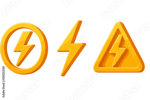 Electricity symbol high voltage sign. 3d lightning icon set. Power energy concept. Danger warning alert. Electric charge flash bolt. Yellow realistic vector illustration.