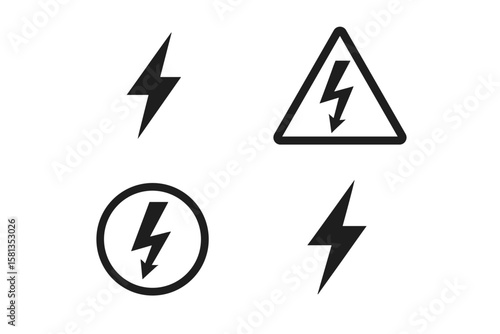 Electricity symbol, high voltage sign, lightning icon set. Electric power, energy charge, thunder bolt, and electrical shock hazard warning. Vector illustration isolated.