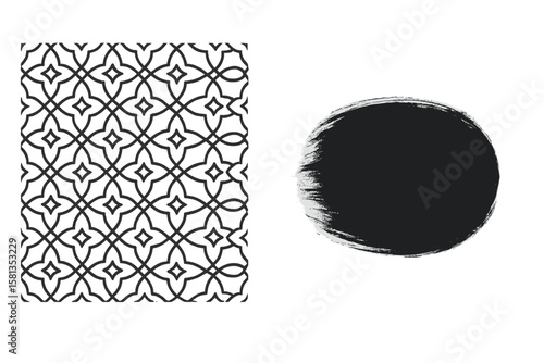 Seamless Geometric Pattern and Grunge Brush Stroke Circle Vector. Abstract Lattice Tile Design. Hand Drawn Ink Texture. Modern Minimalist Background. Black and White Decorative Element.