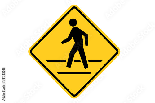 Pedestrian Crossing Sign Vector Illustration. Yellow Diamond Road Sign with Walking Person Silhouette. Traffic Safety Symbol. Urban Street Warning. Transparent PNG for Design and Print