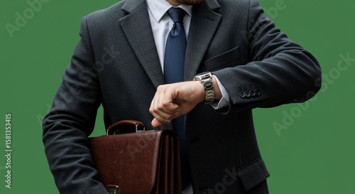 A businessman in a suit checking his wristwatch, holding a briefcase, against a green background.