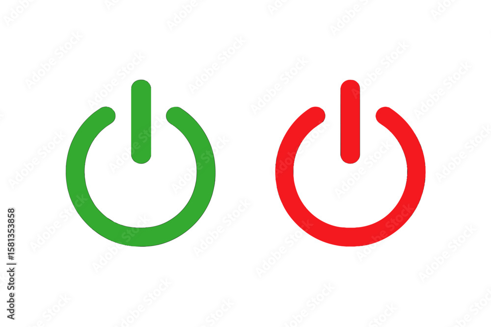 Power button on off symbol vector icon set. Green and red start stop web button collection. Technology, energy, switch, interface concept. Isolated flat design for UI and UX.